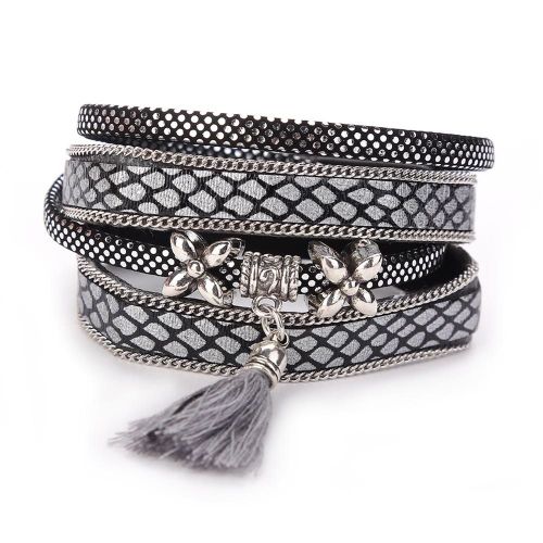 Bracelet A Pompon Tendance En Cuir Synthetique Multicolore Avec Boucle (Gris)