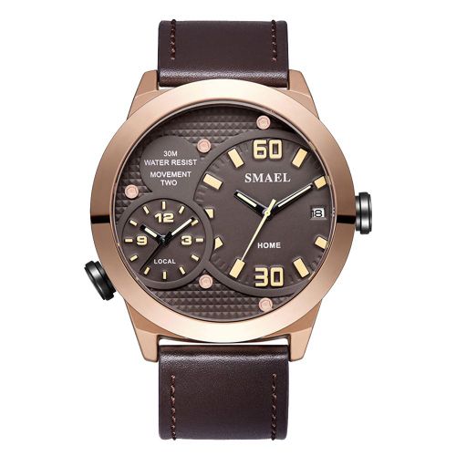 Montre-Bracelet A Quartz Etanche Pour Homme, Bracelet En Cuir, Calendrier A Deux Mouvements, Cadran Rond, Or