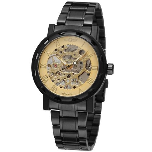 Montre-Bracelet Mecanique Creuse Et Etanche Pour Homme Winner Avec Bracelet En Acier (Noir Et Or)