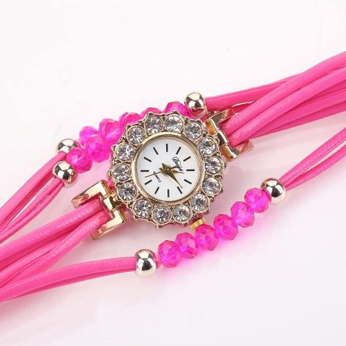 Montre-Bracelet A Quartz Duoya Pour Femme, Avec Perles Decoratives Et Strass (Rose Rouge)