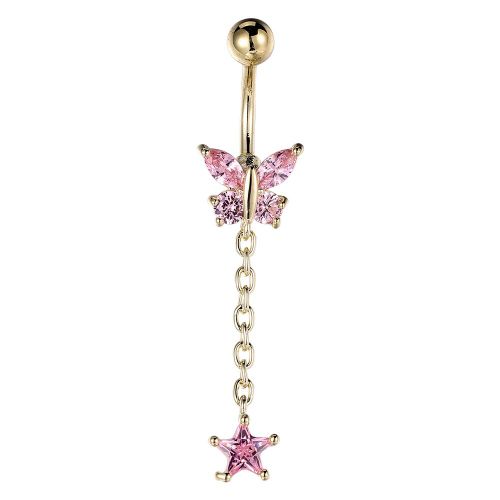 Piercing De Nombril Papillon En Cuivre Et Zircon, Chaine Antiallergique, Rose