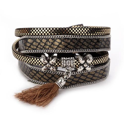 Bracelet A Pompon Tendance En Cuir Synthetique Multicolore Avec Boucle (Marron Clair)