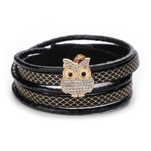 Bracelet A Boutons-Pression Multicouches En Strass Avec Hibou Tendance (Noir)