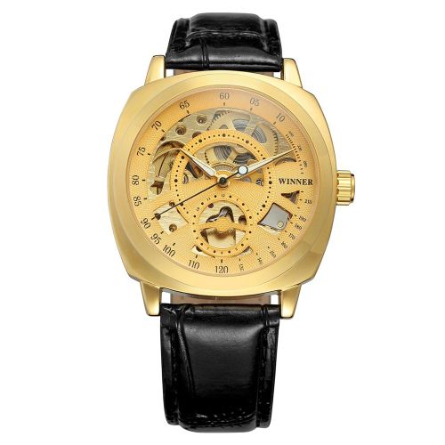 Montre-Bracelet Mecanique Automatique Winner Pour Homme, Etanche, Ajouree, Avec Bracelet En Cuir Pu (Dore)