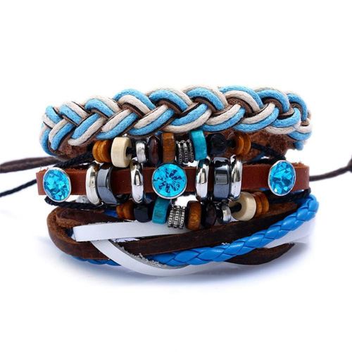 Bracelet Jonc Tendance Pour Homme, Style Punk, Perles De Bois, Alliage Tisse, Cuir