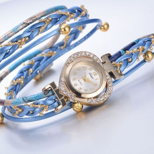Montre-Bracelet A Quartz Duoya Pour Femme Avec Bracelet En Strass Et Cour (Bleu Ciel)