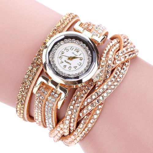 Montre-Bracelet Ronde Duoya Pour Femme, Avec Strass Multicouches (Beige)