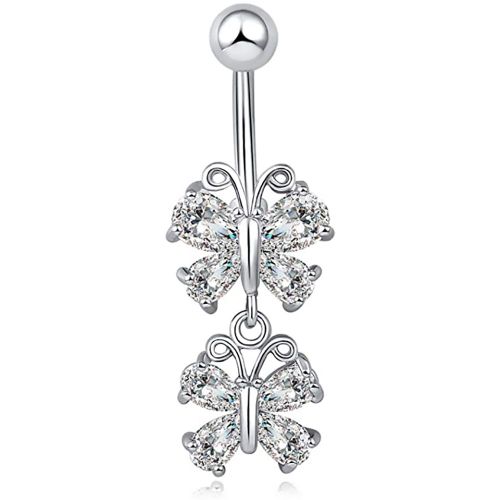 Piercing De Nombril En Acier Inoxydable Avec Double Papillon Et Zircon Blanc