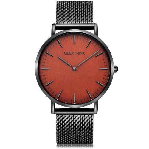 Montre A Quartz Analogique Pour Homme Avec Bracelet En Maille D'acier Inoxydable Et Cadran Rond (Bracelet Noir Et Cadran Rouge)