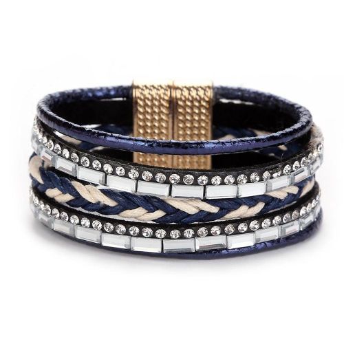 Bracelet Tendance Multicouche En Strass Tresse Avec Fermoir Magnetique Pour Femme, Bleu