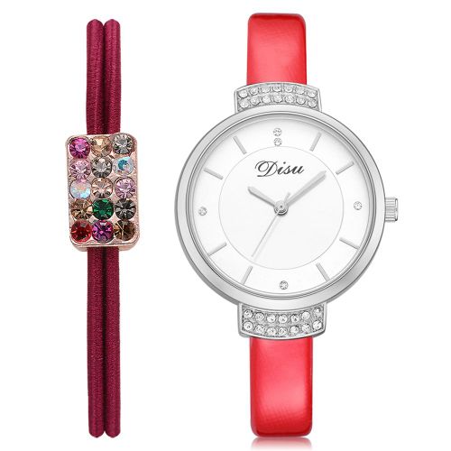 Montre-Bracelet Analogique A Quartz Decontractee Disu Avec Strass Et Bracelet En Pu + Anneau Pour Cheveux (Rouge)