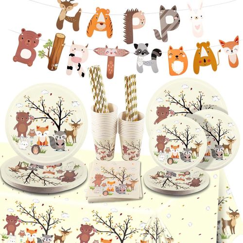 Checarzhn--No1-Jungle Safari Lot De 127 Pièces Vaisselles Jetables En Papier Pour 25 Invités Kit 25 Assiettes En Papier Papiertasses Serviettes De Table Pailles En Papier Pour Anniversaire Décoration