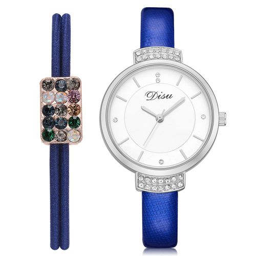 Montre-Bracelet Analogique A Quartz Decontractee Disu Avec Strass Et Bracelet En Pu + Anneau Pour Cheveux (Bleu Roi)