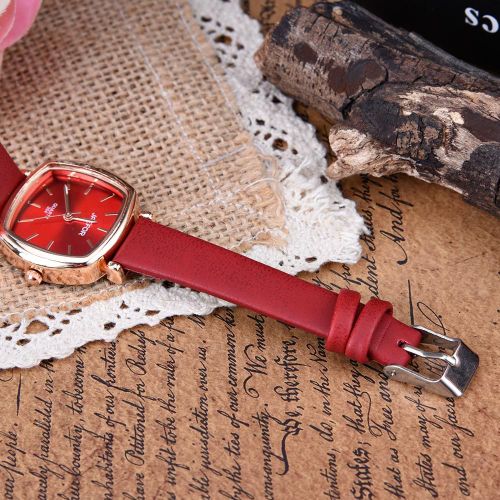 Montre A Quartz Retro A Petit Cadran Carre Avec Bracelet En Cuir Synthetique (Rouge)