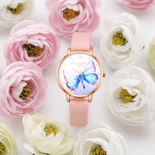 Montre-Bracelet A Quartz Lvpai Pour Femme, Motif Papillon, En Pu, Decontractee (Rose)