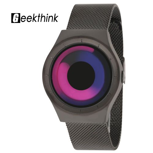 Montre A Quartz Geekthink Sans Aiguilles, Bracelet En Acier Inoxydable, Boitier Rond, Montre-Bracelet Noire Et Rouge Tourbillonnante