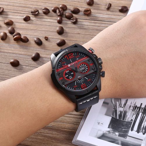 Montre-Bracelet Analogique A Quartz Pour Homme Curren, Bracelet En Cuir Synthetique, Etanche (Noir Et Rouge)