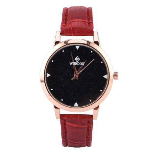 Montre A Quartz Retro A Cadran Rond, Bracelet En Cuir Synthetique (Rouge)