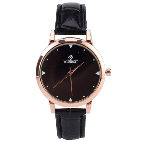 Montre A Quartz Retro A Cadran Rond, Bracelet En Cuir Synthetique (Noir)