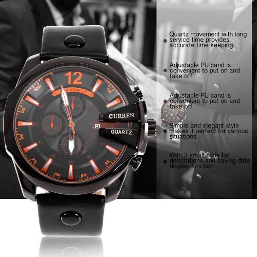 Montre-Bracelet A Quartz Analogique Curren Pour Homme, Bracelet En Pu, Bracelet Noir