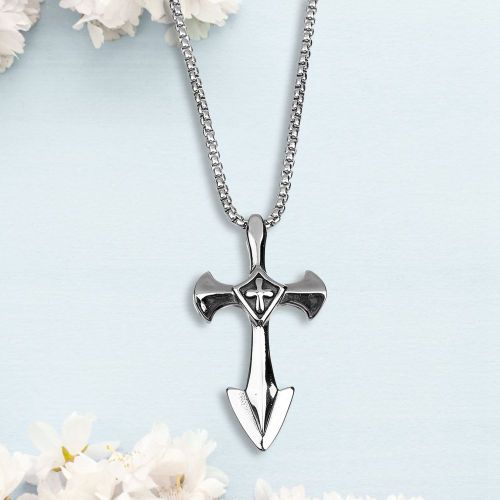 Collier Elegant Avec Pendentif Croix En Acier Inoxydable Pour Homme, Bijou Tendance