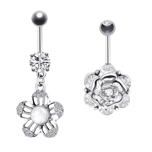 Lot De 2 Piercings De Nombril En Acier Inoxydable Avec Fleur (Argent)