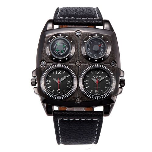 Montre-Bracelet A Quartz Tendance En Alliage, Etanche, Cadran Carre, Quatre Cadrans, Bracelet En Cuir Pu (Noir)