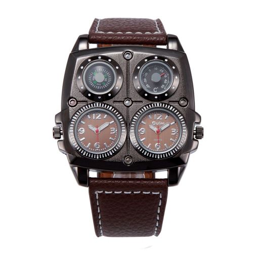 Montre-Bracelet A Quartz Tendance En Alliage, Etanche, Cadran Carre, Quatre Cadrans, Bracelet En Cuir Pu (Marron)