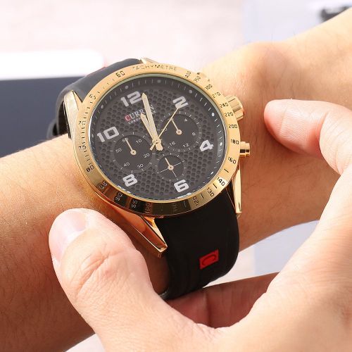 Montre-Bracelet Analogique A Quartz Ronde Curren Pour Homme, Bracelet En Caoutchouc (Noir Et Or)