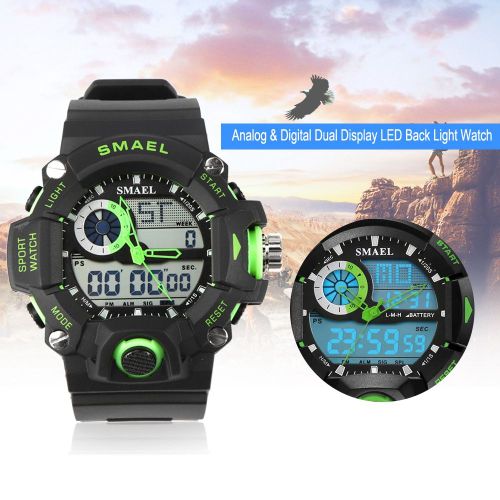 Smael Montre-Bracelet De Sport Ronde A Double Affichage Analogique Et Numerique, Retroeclairage Led (Vert)