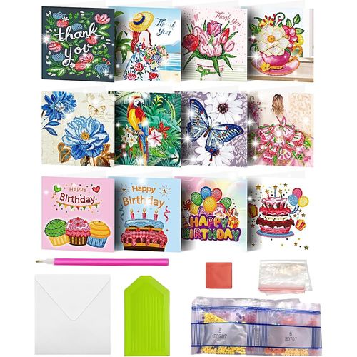 CHECARZHN--NO1-Lot De 12 Cartes De V?ux Diy Diamond Painting Avec Enveloppe, Peinture Diamant, Vierges, Cartes D'Art Pour Anniversaire, Fête Des Mères, Noël, Anniversaire 04 Ans