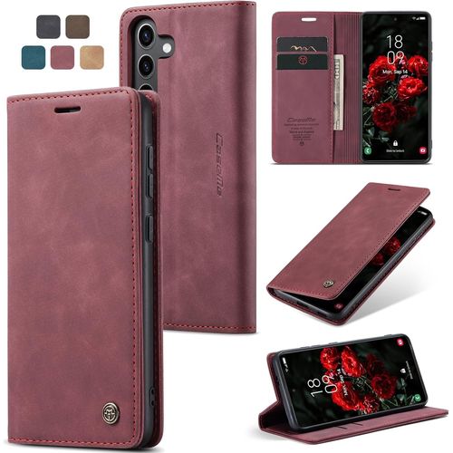 Kal-Coque Samsung S24 Fe Housse Antichoc En Cuir Pu Premium Fentes Cartes Etui Pochette De Portefeuille Avec Fonction Support Case À Rabat Pour Samsung Galaxy S24 Fe 5g- Vin Rouge