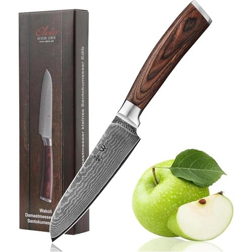 Checarzhn--No1-Edib Petit Couteau Santoku En Damas I Lame Tranchante De 12 Cm En Acier Damassé À 67 Couches Avec Noyau Vg10 Et Manche En Bois De Pakka I Couteau De Cuisine Professionnel & Couteau Dam