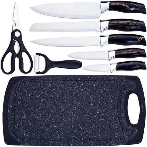 Checarzhn--No1-Set De Couteaux Cuisine 8 Pièces Avec Planche À Découper (Couteaux En Acier Inoxydable - Chef/Pain/Viande/Universel/Fruits + C Aux/Eplucheur) | Grande Planche Antidérapante Et Kit Dura