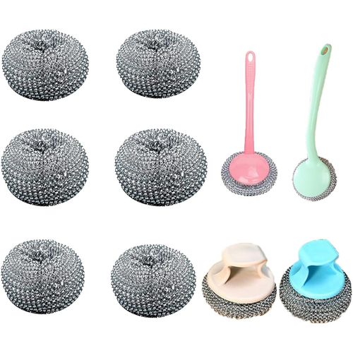 Checarzhn--No1-Ponges ¿¿ R¿¿Curer Avec Poign¿¿E, 6 Pieces ¿¿Ponge Grattante En Acier D'inoxydable, Pour Casseroles, Po¿ºles, S, Cuisini¿¿Re, Grill, Salle De Bain Couleur Al¿¿Atoire