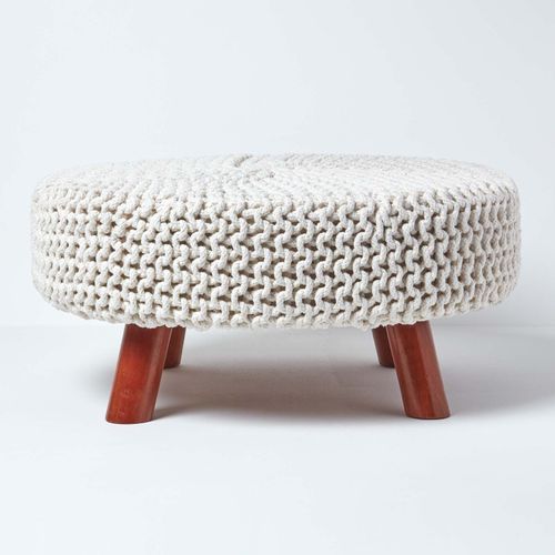 Tabouret Tricot Pieds En Bois 62 X 62 X 30 Cm Blanc