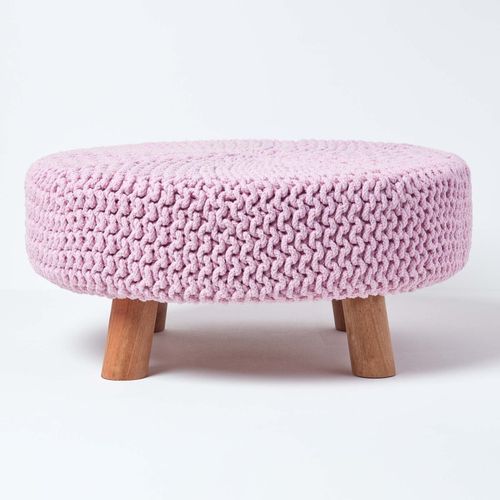 Tabouret Tricot Pieds En Bois 62 X 62 X 30 Cm Rose
