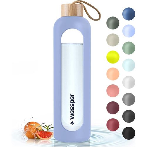 Bouteille D'eau En Verre 1l, Gourde , En Borosilicate, Avec Marqueur De Temps De Motivation, Couvercle En Bambou, En Silicone, Pour Enfant Et Adultes, Sport, Camping ¿ Violet
