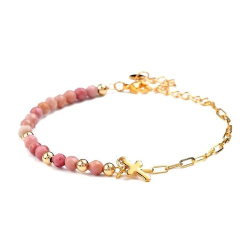Bracelet Femme Perles Naturelles Rhodonite Et Croix Dorée Plaqué Or
