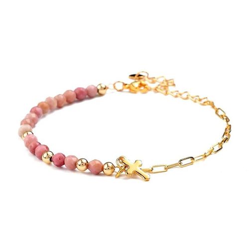 Bracelet Femme Perles Naturelles Rhodonite Et Croix Dorée Plaqué Or