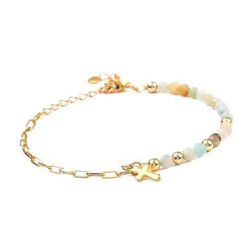 Bracelet Femme Pierres Naturelles Amazonite Croix Dorée Plaqué Or