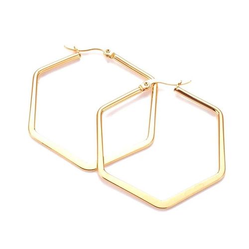 Boucles D'Oreilles Femme Acier Inoxydable Doré Créoles Hexagonales Modernes 4,5 Cm