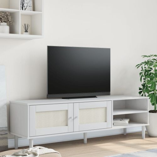 Vidaxl Meuble Tv Senja Aspect Rotin Blanc 158x40x49cm Bois Massif Pin