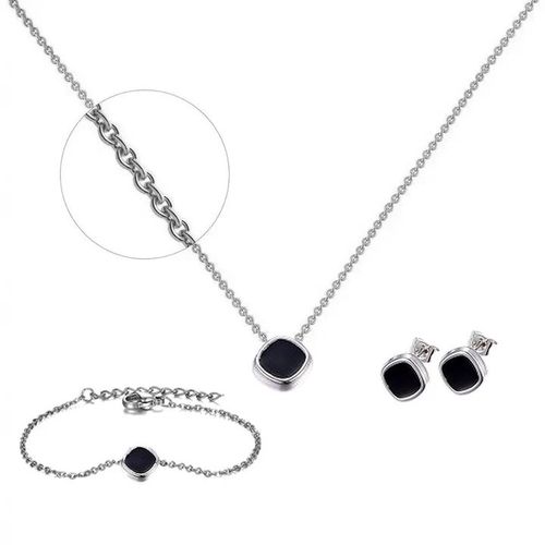 Parure Femme Acier Inoxydable Émail Noir Collier Bracelet Boucles D’Oreilles