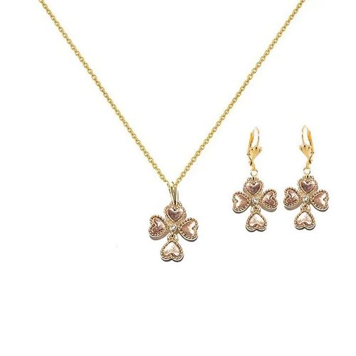 Parure Femme Plaqué Or Collier Trèfle Coeurs Boucles D'Oreilles Assorties