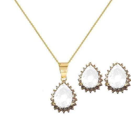 Parure Femme Plaqué Or Collier Zirconium Blanc Boucles D'Oreilles Assorties