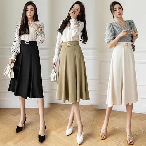 Jupe Mi-Longue Pour Femme Au Printemps Et En Été, Taille Haute, Couvrant Les Hanches, Large Évasée, Jupe Trapèze, Boucle En Métal, Jupe Mi-Longue, Amincissante