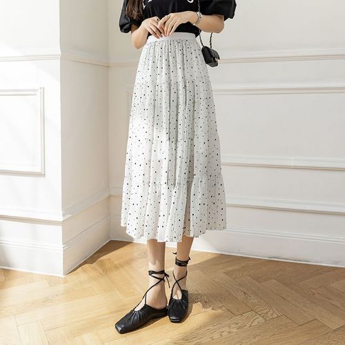 Jupe Midi En Mousseline De Soie Floquée, Jupe D'été À Pois, Style Vacances, Taille Élastique, Grande Jupe Trapèze Slim Longue