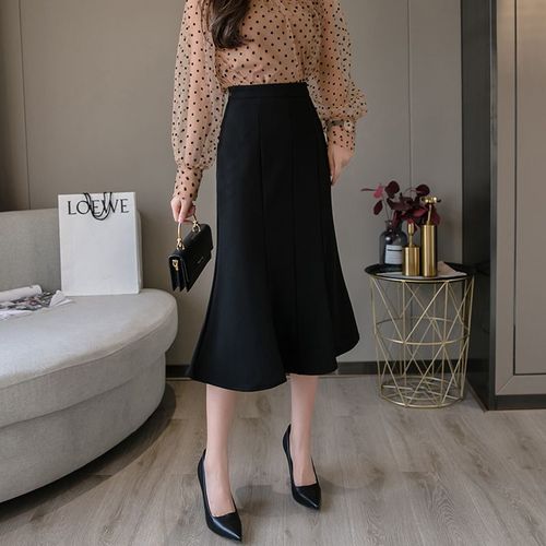Jupe Queue De Poisson Mi-Longue Pour Femme, Printemps Et Été, Taille Haute, Couleur Unie, Épissure, Noire, Douce Et Élégante