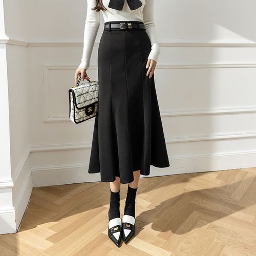 Jupe Mi-Longue En Laine Pour Femme, Taille Haute, Coutures De Couleur Unie, Jupe Douce En Laine Noire Pour Les Déplacements En Hiver